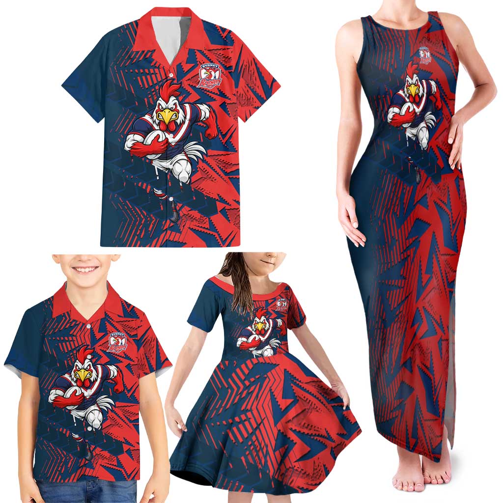 Sydney Roosters Rugby Family Matching Tank Maxi Dress and Hawaiian Shirt Fierce Mascot Geometric Tribal Art