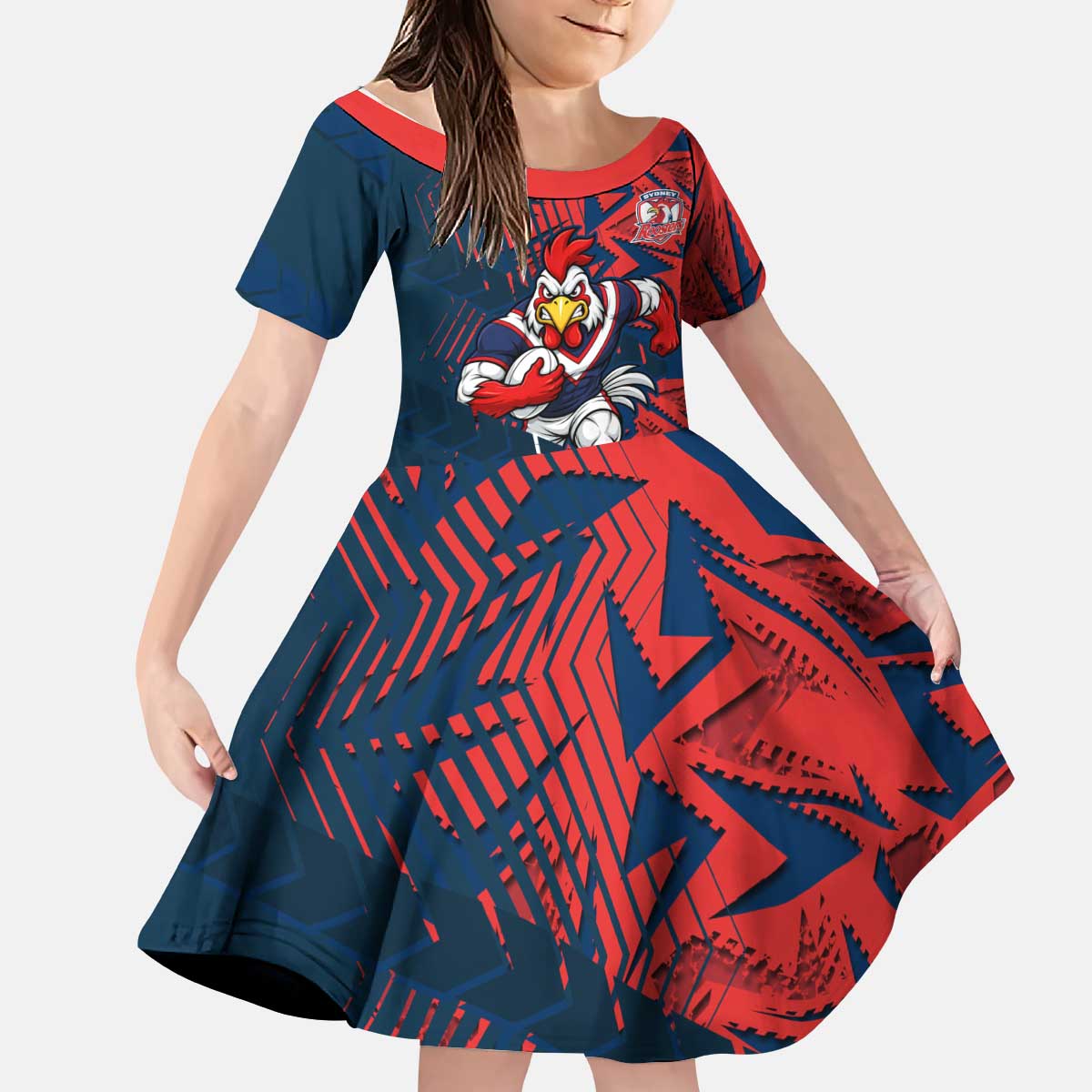 Sydney Roosters Rugby Kid Short Sleeve Dress Fierce Mascot Geometric Tribal Art