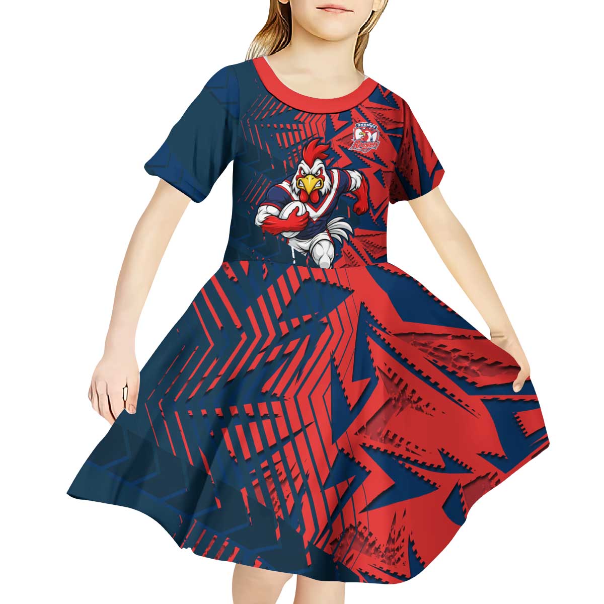 Sydney Roosters Rugby Kid Short Sleeve Dress Fierce Mascot Geometric Tribal Art