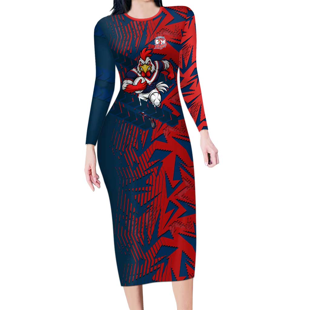 Sydney Roosters Rugby Long Sleeve Bodycon Dress Fierce Mascot Geometric Tribal Art