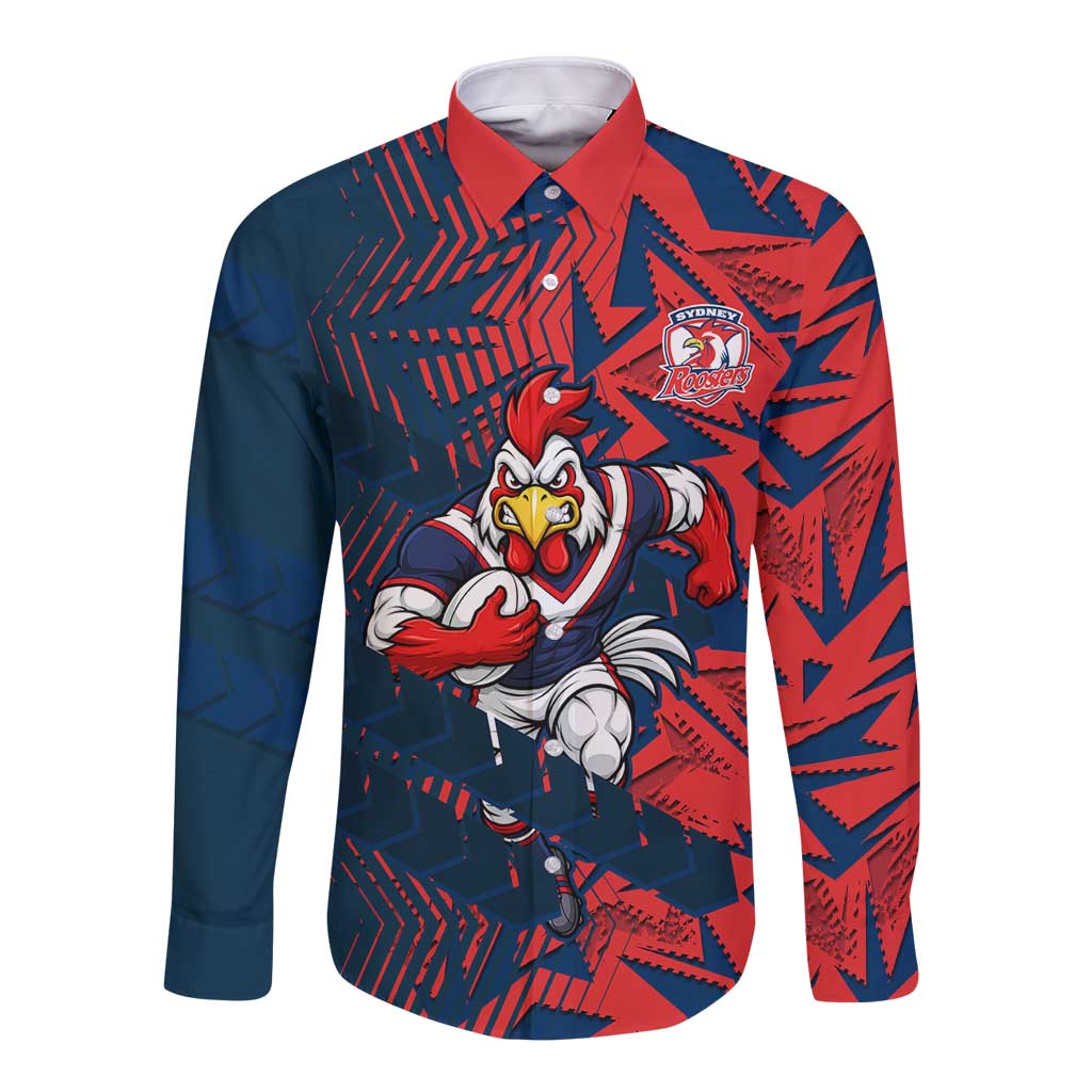 Sydney Roosters Rugby Long Sleeve Button Shirt Fierce Mascot Geometric Tribal Art