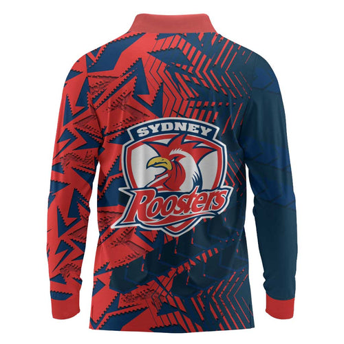 Sydney Roosters Rugby Long Sleeve Polo Shirt Fierce Mascot Geometric Tribal Art