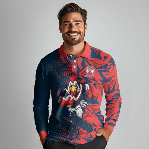 Sydney Roosters Rugby Long Sleeve Polo Shirt Fierce Mascot Geometric Tribal Art