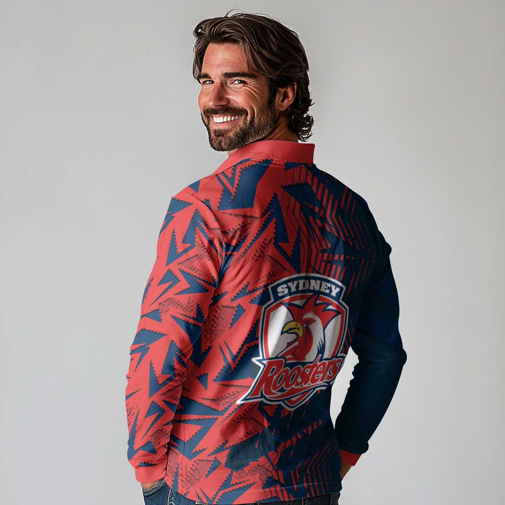 Sydney Roosters Rugby Long Sleeve Polo Shirt Fierce Mascot Geometric Tribal Art