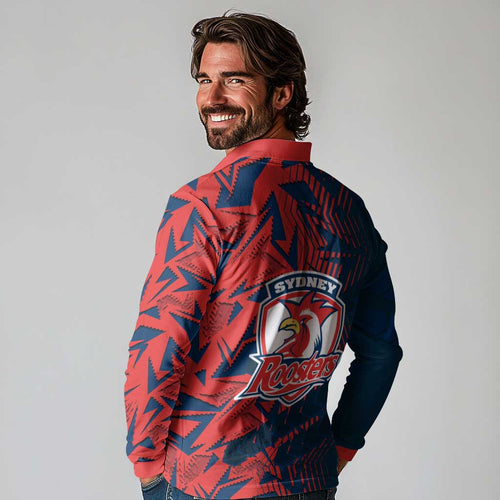 Sydney Roosters Rugby Long Sleeve Polo Shirt Fierce Mascot Geometric Tribal Art