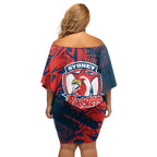 Sydney Roosters Rugby Off Shoulder Short Dress Fierce Mascot Geometric Tribal Art