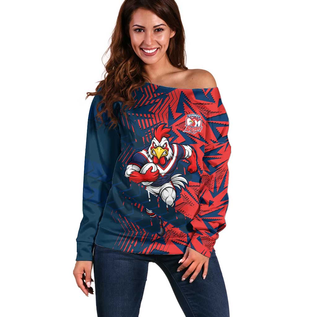 Sydney Roosters Rugby Off Shoulder Sweater Fierce Mascot Geometric Tribal Art