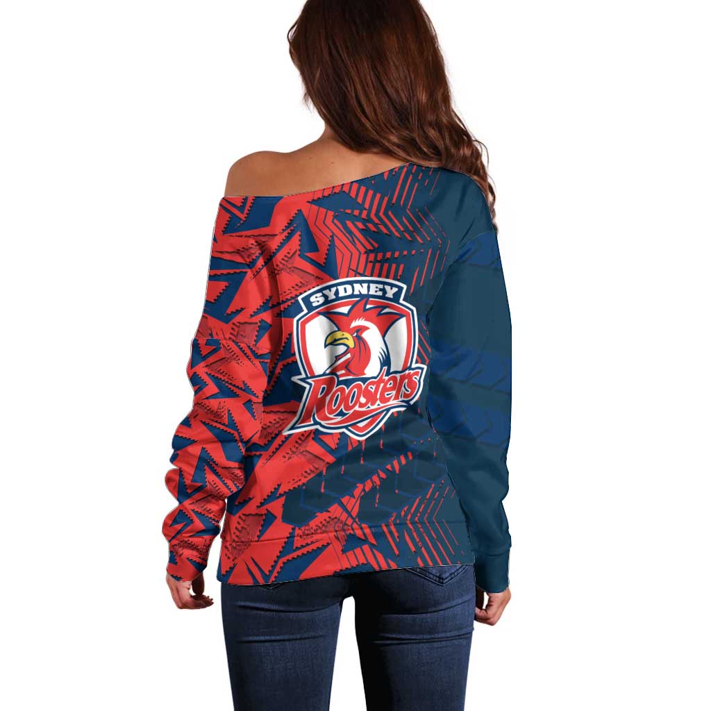 Sydney Roosters Rugby Off Shoulder Sweater Fierce Mascot Geometric Tribal Art