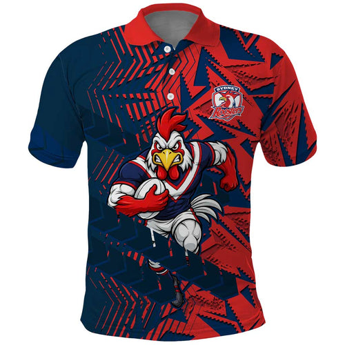 Sydney Roosters Rugby Polo Shirt Fierce Mascot Geometric Tribal Art