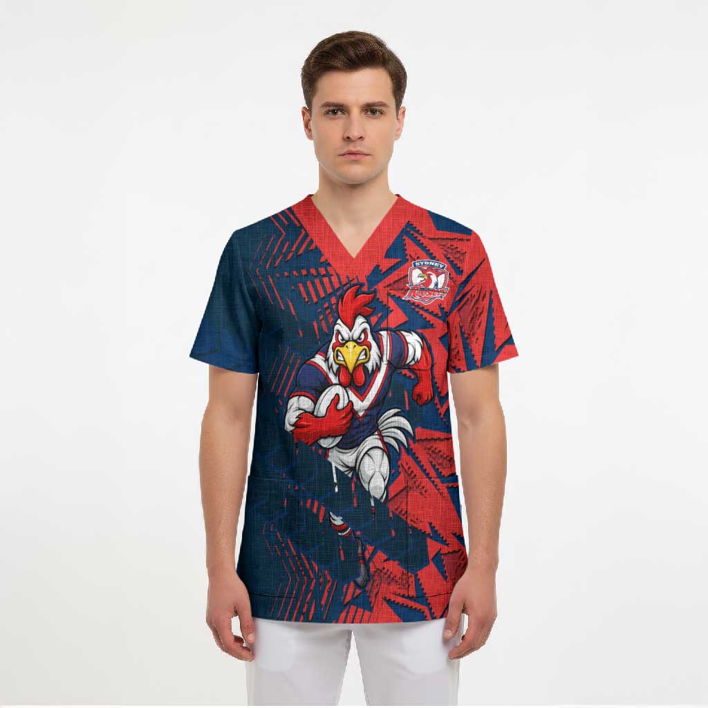 Sydney Roosters Rugby Scrub Top Fierce Mascot Geometric Tribal Art
