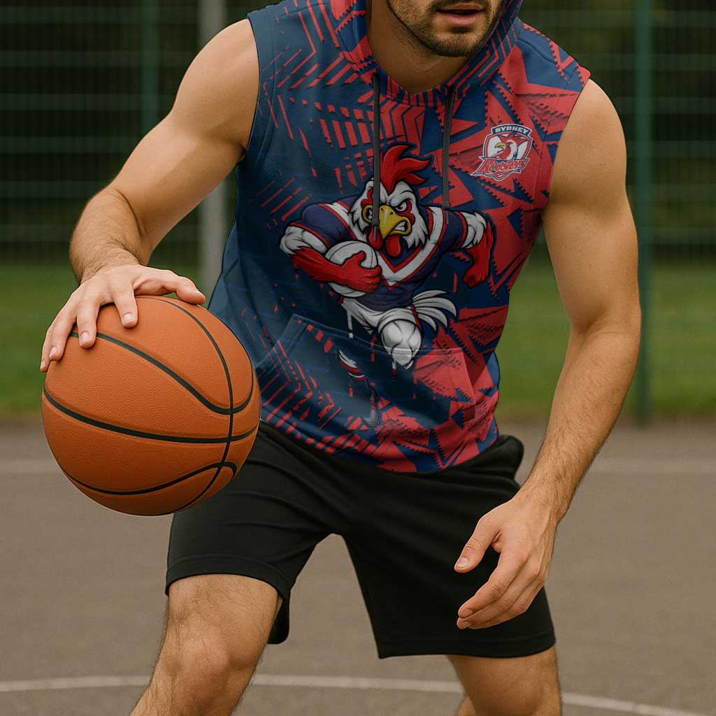 Sydney Roosters Rugby Sleeveless Hoodie Fierce Mascot Geometric Tribal Art