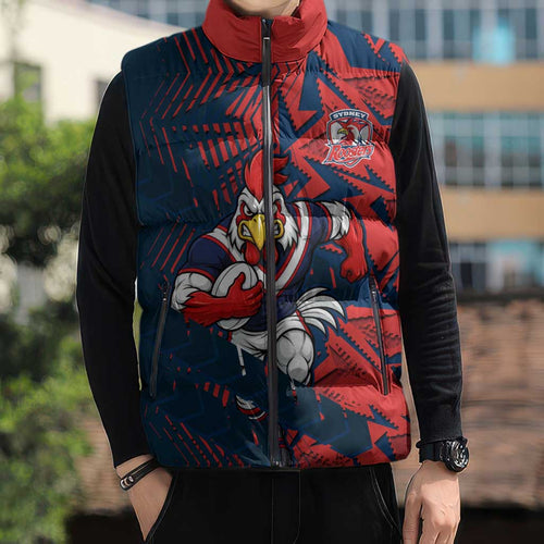Sydney Roosters Rugby Sleeveless Puffer Jacket Fierce Mascot Geometric Tribal Art