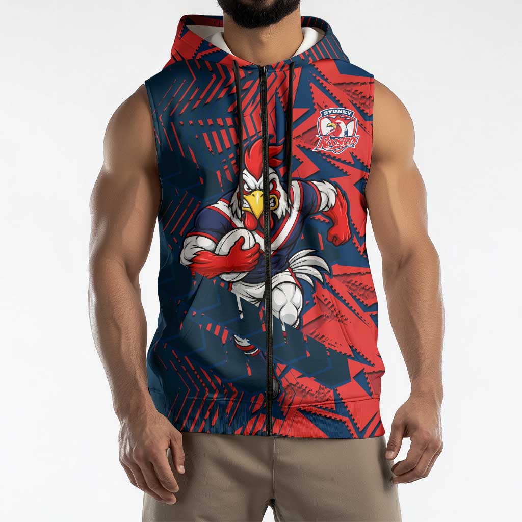 Sydney Roosters Rugby Sleeveless Zip Hoodie Fierce Mascot Geometric Tribal Art