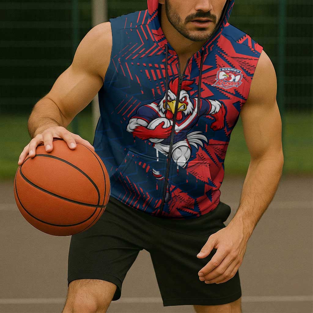 Sydney Roosters Rugby Sleeveless Zip Hoodie Fierce Mascot Geometric Tribal Art