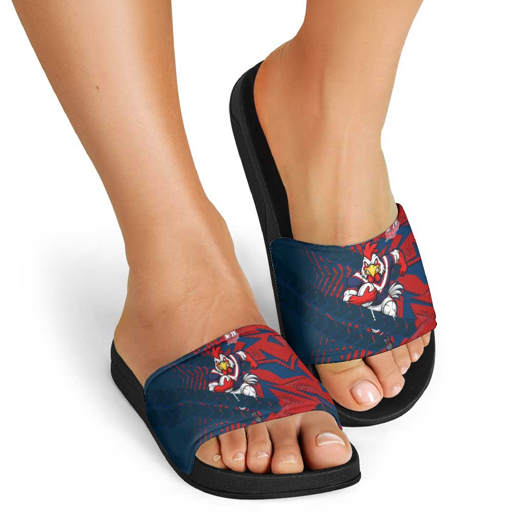 Sydney Roosters Rugby Slide Sandals Fierce Mascot Geometric Tribal Art