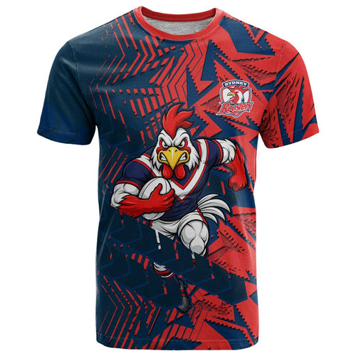 Sydney Roosters Rugby T Shirt Fierce Mascot Geometric Tribal Art