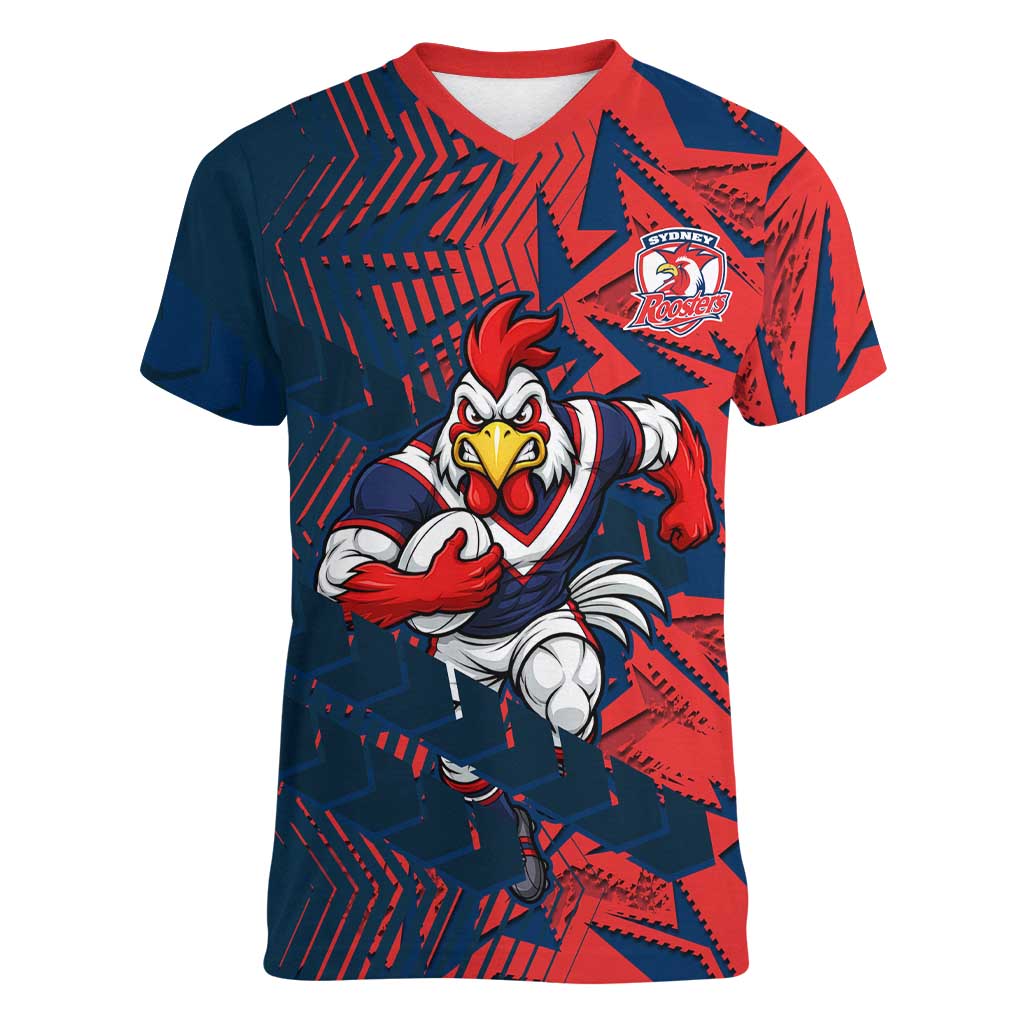 Sydney Roosters Rugby Women V-Neck T-Shirt Fierce Mascot Geometric Tribal Art