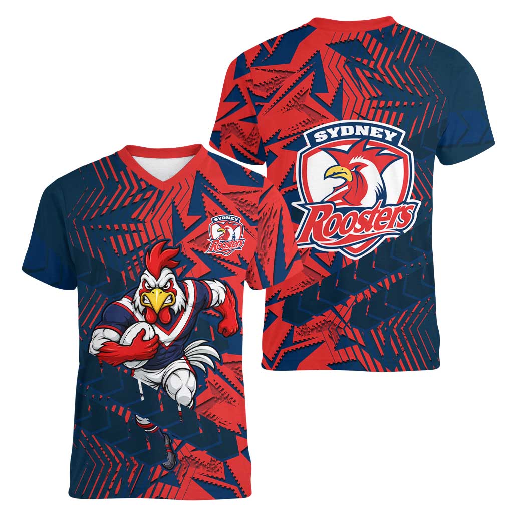 Sydney Roosters Rugby Women V-Neck T-Shirt Fierce Mascot Geometric Tribal Art