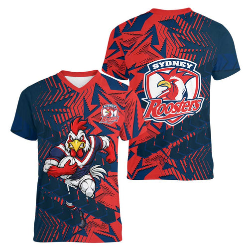 Sydney Roosters Rugby Women V-Neck T-Shirt Fierce Mascot Geometric Tribal Art
