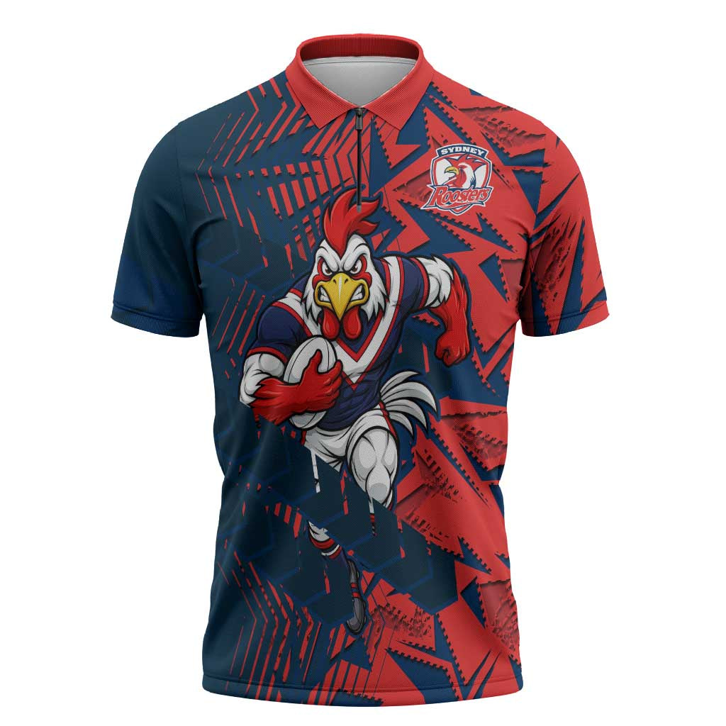 Sydney Roosters Rugby Zipper Polo Shirt Fierce Mascot Geometric Tribal Art