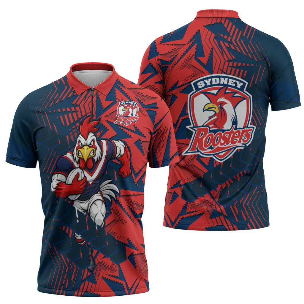 Sydney Roosters Rugby Zipper Polo Shirt Fierce Mascot Geometric Tribal Art