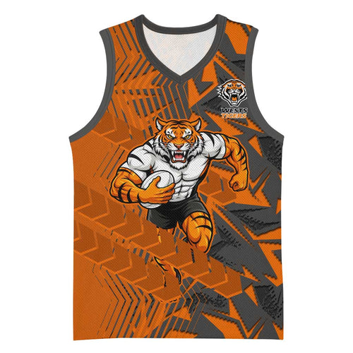 Wests Tigers Rugby Basketball Jersey Fierce Mascot Geometric Tribal Art
