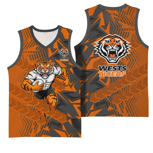 Wests Tigers Rugby Basketball Jersey Fierce Mascot Geometric Tribal Art