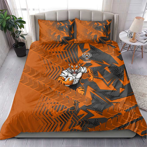 Wests Tigers Rugby Bedding Set Fierce Mascot Geometric Tribal Art