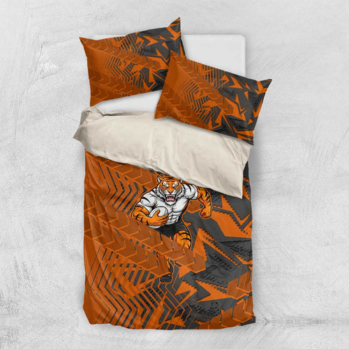 Wests Tigers Rugby Bedding Set Fierce Mascot Geometric Tribal Art