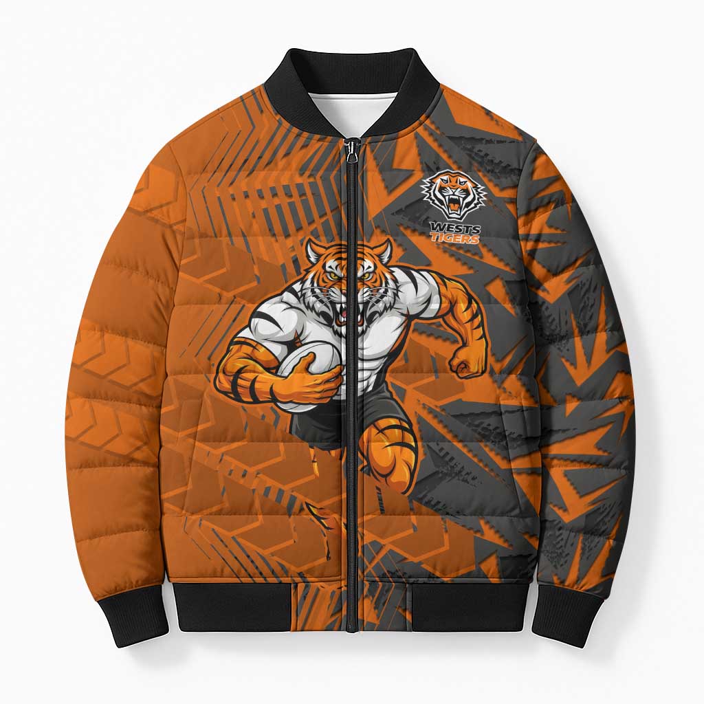 Wests Tigers Rugby Bomber Puffer Jacket Fierce Mascot Geometric Tribal Art