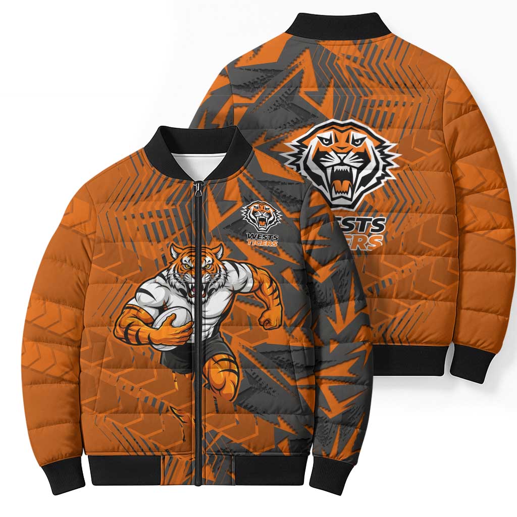 Wests Tigers Rugby Bomber Puffer Jacket Fierce Mascot Geometric Tribal Art
