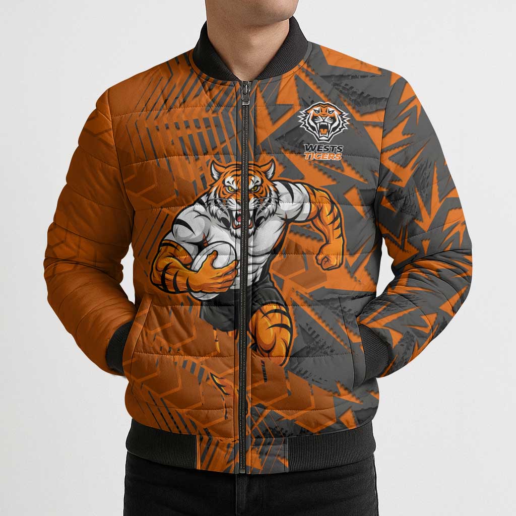 Wests Tigers Rugby Bomber Puffer Jacket Fierce Mascot Geometric Tribal Art