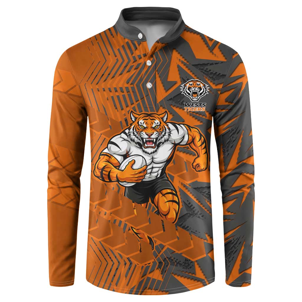 Wests Tigers Rugby Button Sweatshirt Fierce Mascot Geometric Tribal Art