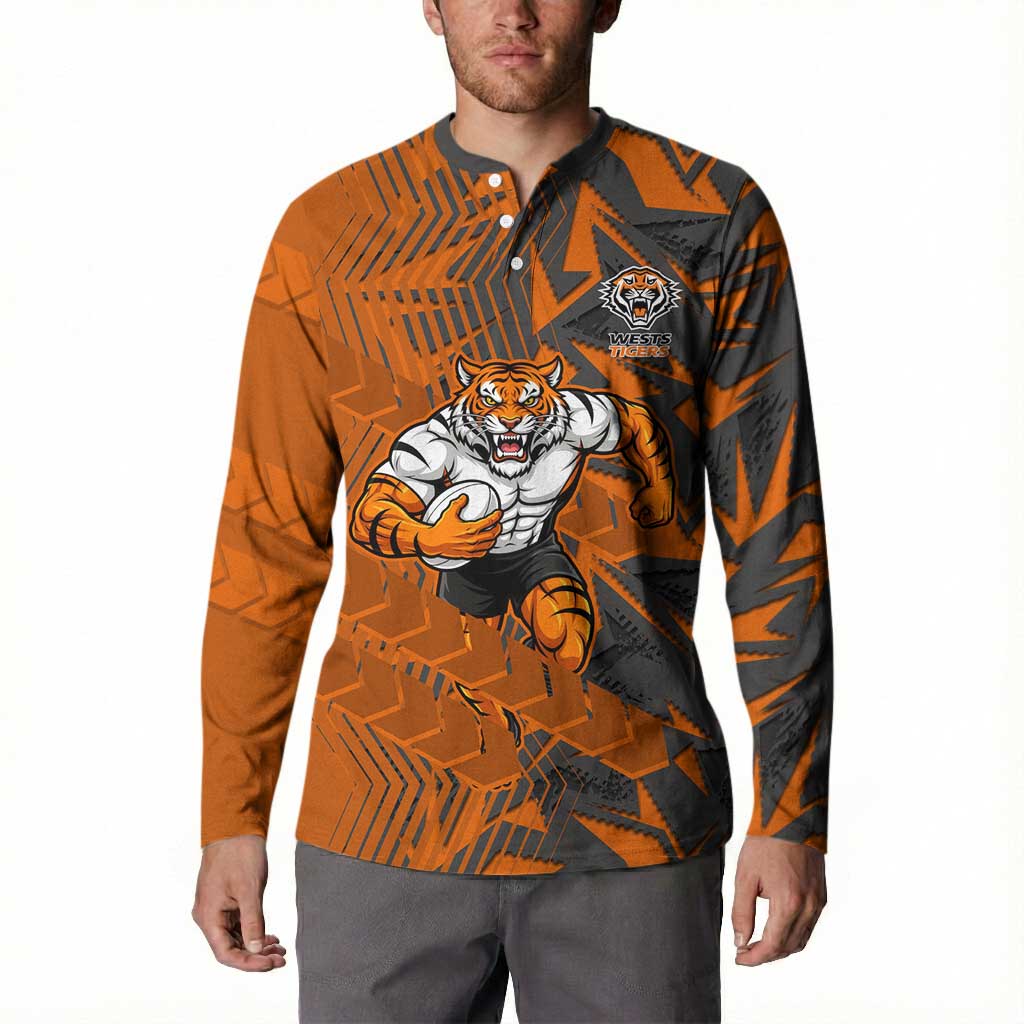Wests Tigers Rugby Button Sweatshirt Fierce Mascot Geometric Tribal Art