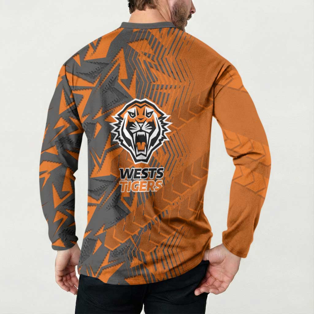 Wests Tigers Rugby Button Sweatshirt Fierce Mascot Geometric Tribal Art