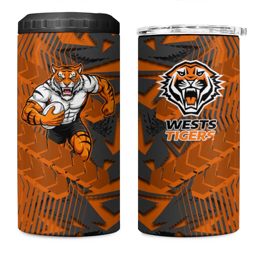 Wests Tigers Rugby 4 in 1 Can Cooler Tumbler Fierce Mascot Geometric Tribal Art