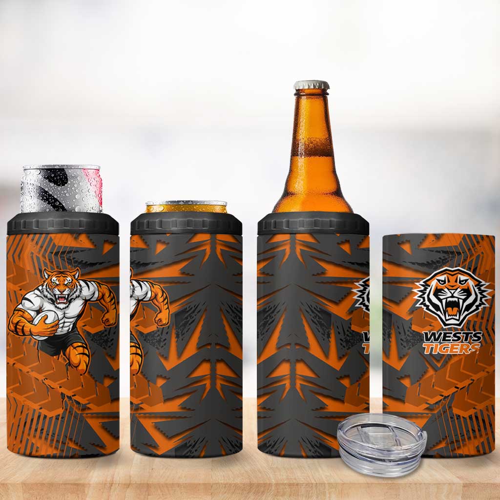 Wests Tigers Rugby 4 in 1 Can Cooler Tumbler Fierce Mascot Geometric Tribal Art