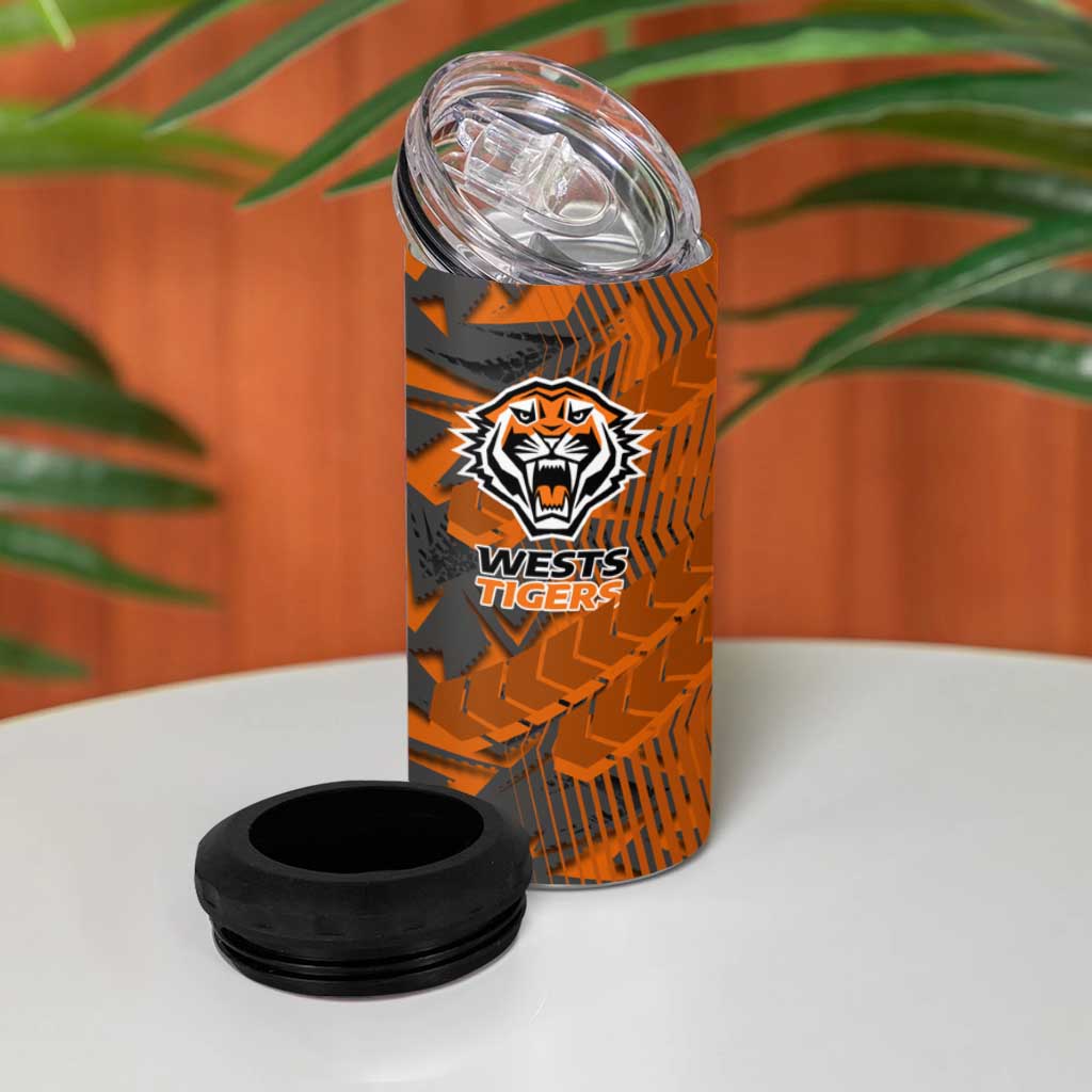 Wests Tigers Rugby 4 in 1 Can Cooler Tumbler Fierce Mascot Geometric Tribal Art