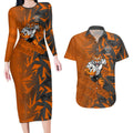 Wests Tigers Rugby Couples Matching Long Sleeve Bodycon Dress and Hawaiian Shirt Fierce Mascot Geometric Tribal Art