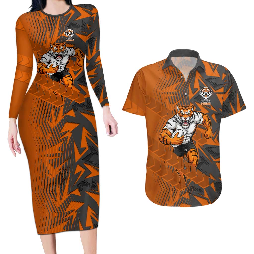 Wests Tigers Rugby Couples Matching Long Sleeve Bodycon Dress and Hawaiian Shirt Fierce Mascot Geometric Tribal Art