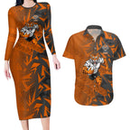 Wests Tigers Rugby Couples Matching Long Sleeve Bodycon Dress and Hawaiian Shirt Fierce Mascot Geometric Tribal Art