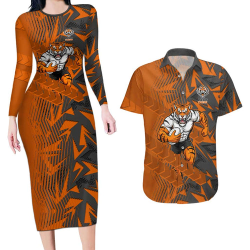 Wests Tigers Rugby Couples Matching Long Sleeve Bodycon Dress and Hawaiian Shirt Fierce Mascot Geometric Tribal Art