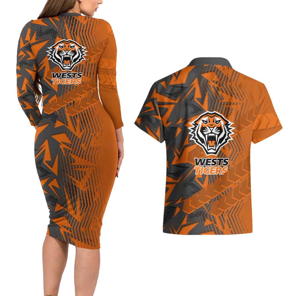 Wests Tigers Rugby Couples Matching Long Sleeve Bodycon Dress and Hawaiian Shirt Fierce Mascot Geometric Tribal Art