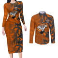 Wests Tigers Rugby Couples Matching Long Sleeve Bodycon Dress and Long Sleeve Button Shirt Fierce Mascot Geometric Tribal Art