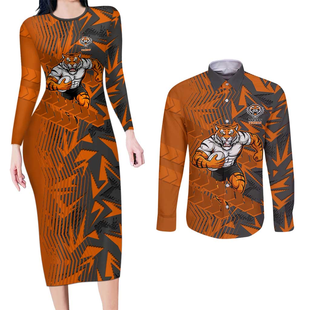 Wests Tigers Rugby Couples Matching Long Sleeve Bodycon Dress and Long Sleeve Button Shirt Fierce Mascot Geometric Tribal Art