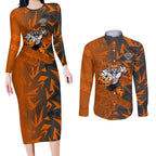 Wests Tigers Rugby Couples Matching Long Sleeve Bodycon Dress and Long Sleeve Button Shirt Fierce Mascot Geometric Tribal Art