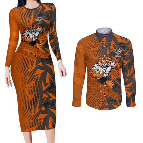 Wests Tigers Rugby Couples Matching Long Sleeve Bodycon Dress and Long Sleeve Button Shirt Fierce Mascot Geometric Tribal Art