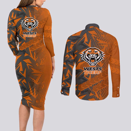 Wests Tigers Rugby Couples Matching Long Sleeve Bodycon Dress and Long Sleeve Button Shirt Fierce Mascot Geometric Tribal Art