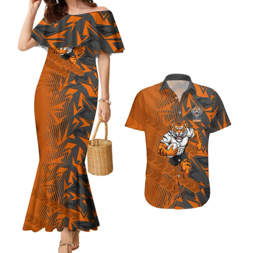 Wests Tigers Rugby Couples Matching Mermaid Dress and Hawaiian Shirt Fierce Mascot Geometric Tribal Art