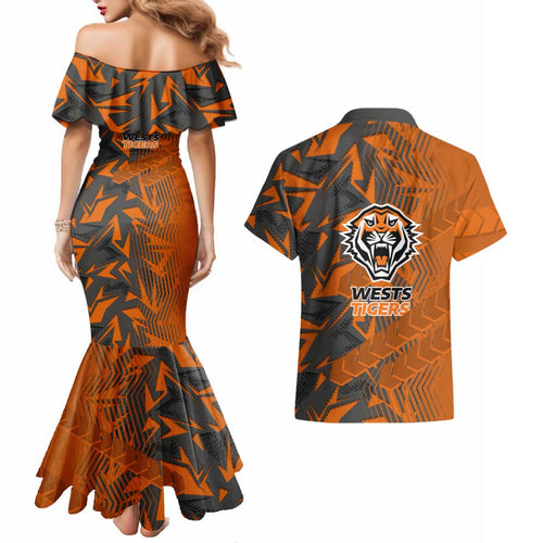 Wests Tigers Rugby Couples Matching Mermaid Dress and Hawaiian Shirt Fierce Mascot Geometric Tribal Art